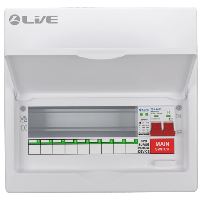 Liveelec SRN 9 Usable Consumer Unit C/W Surge & 100a Main Switch